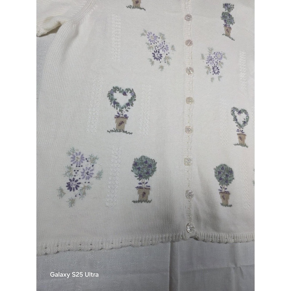 Vintage Alfred Dunner White Embroidered Short Sleeve Knit Cardigan 1X Summer - Picture 2 of 7